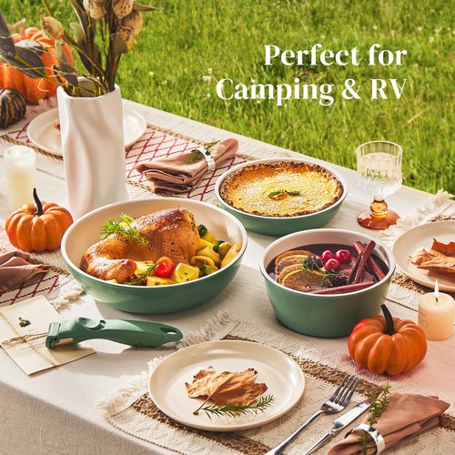 Redchef 16pcs Ceramic Pots and Pans Set Non Stick, Nonstick Ceramic Cookware Set with Detachable Handle, Non Toxic, PFAS PFOA & PTFE Free RV Cookware for Camping, Dishwasher/Oven Safe (Green)