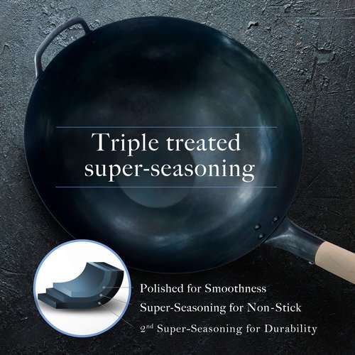 Mammafong Pre Seasoned Blue Carbon Steel Flat Bottom Wok -14 Inch Chinese Pow Wok - Traditionally Hand Hammered Woks and Stir Fry Pans