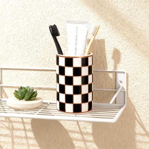 Checkered Bathroom Toothbrush Holder, Bathroom Black and White Ceramic Toothbrush Holder, Modern Toothbrush Box, Used for Bathroom countertop Storage Rack, Checkered Bathroom Decoration (Black)