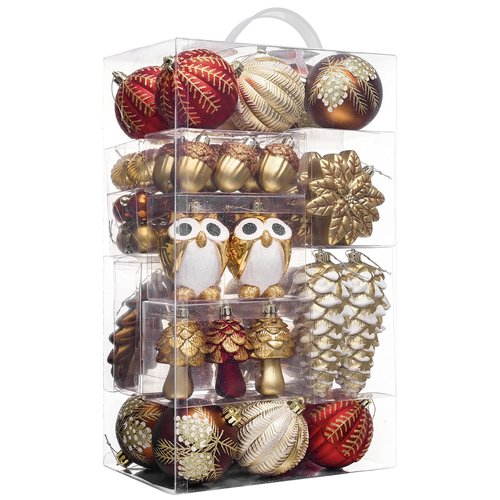 Valery Madelyn Christmas Ornaments Set, 80ct Red and Brown Shatterproof Christmas Tree Decorations, Woodland Hanging Ball Ornaments Bulk for Xmas Holiday Decor