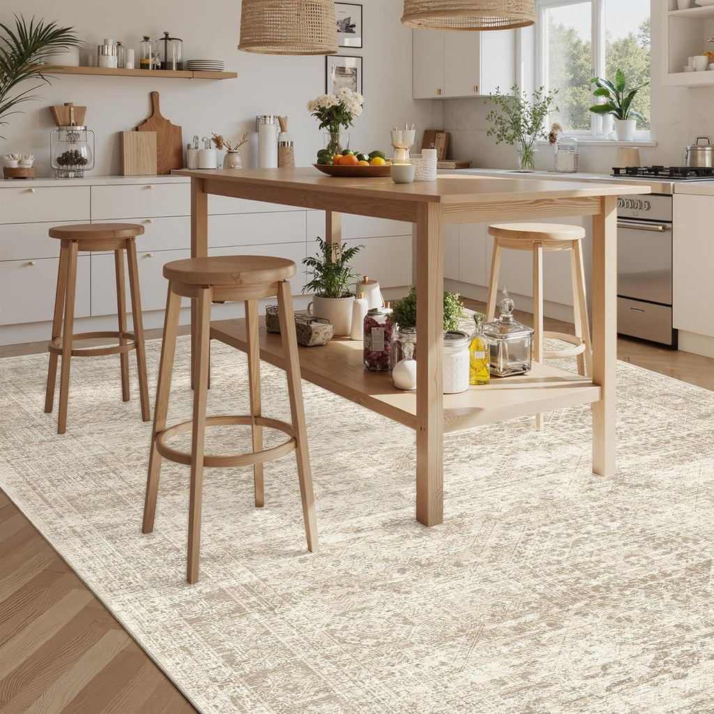 Soalmost 9x12 Area Rug - Non-Slip, Machine Washable Vintage Design for Living Room & Bedroom - Beige