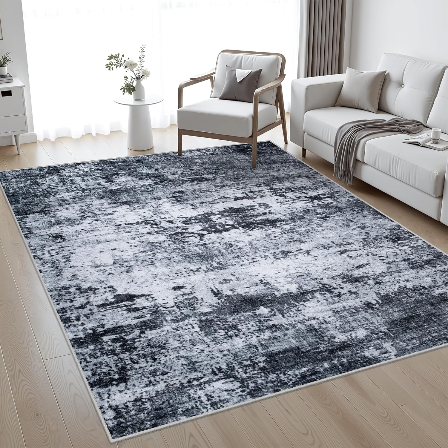 Skiennix 5x7 Area Rug - Washable Modern Abstract Design | Soft, Stain-Resistant Carpet for Living Room, Bedroom, Office - Black