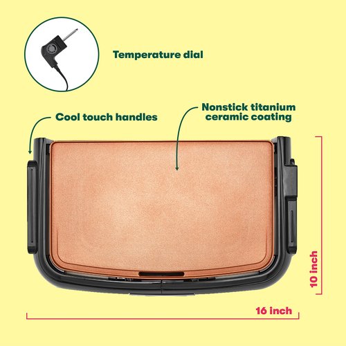 BELLA Griddle Ceramic Copper TI, Healthy-Eco Non-stick Coating, Hassle-Free Clean Up, Large Submersible Cooking Surface, 10" x 16", Copper/Black