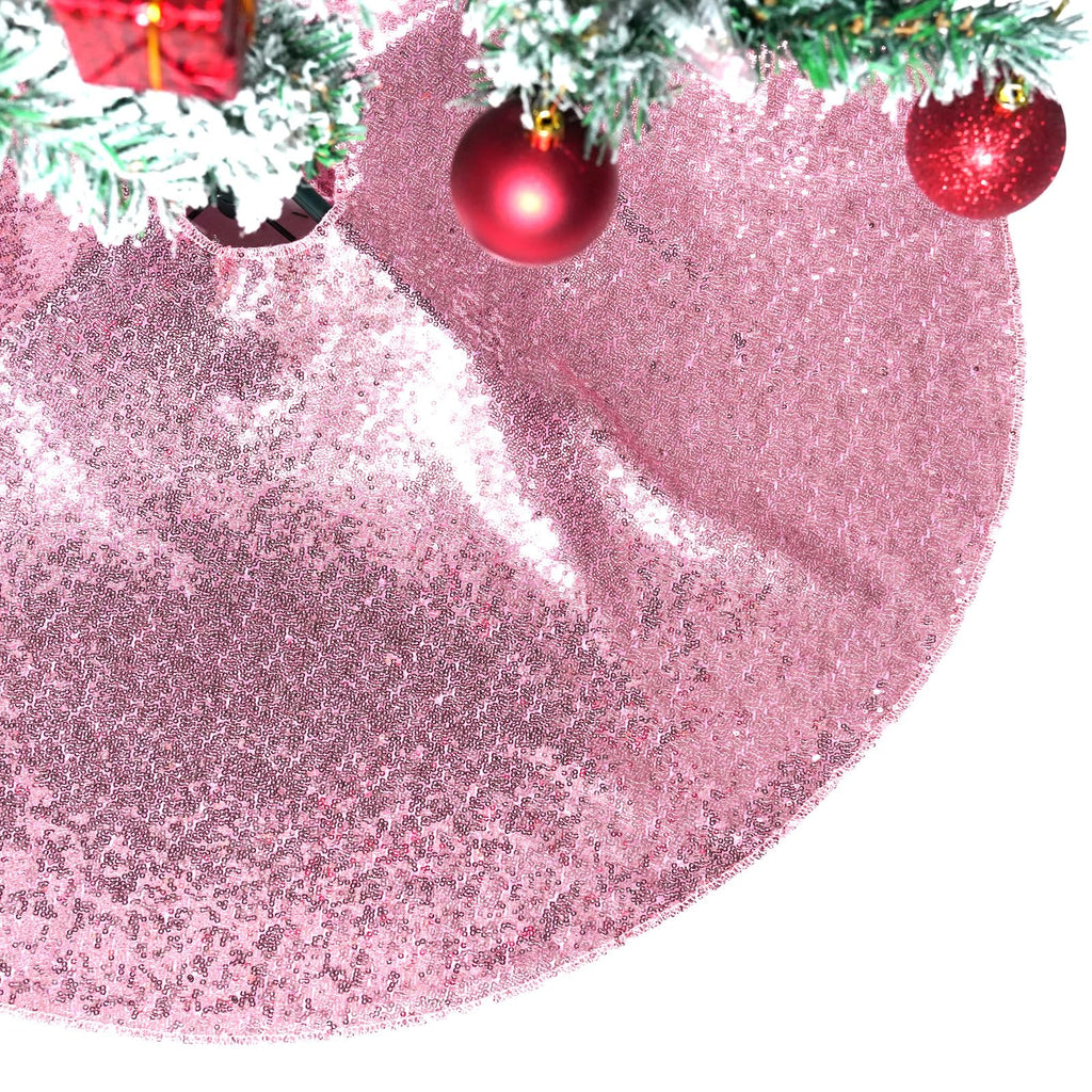 PartyDelight Christmas Tree Skirt Pink 24 inch Round Sparkly Fuchsia Pink Sequin Small Ornaments Xmas New Years Party Decorations
