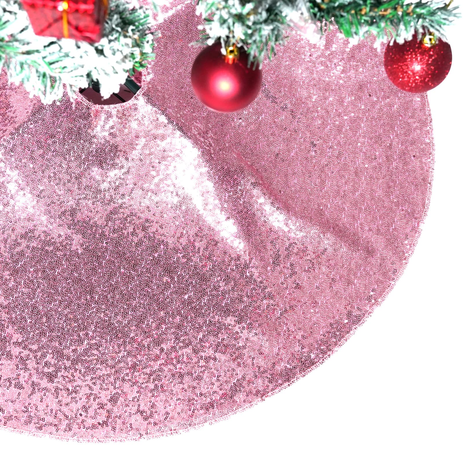 PartyDelight Christmas Tree Skirt Pink 24 inch Round Sparkly Fuchsia Pink Sequin Small Ornaments Xmas New Years Party Decorations