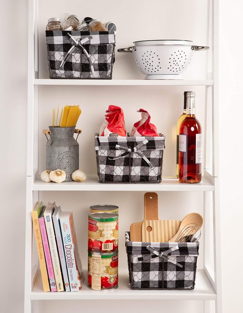 DII Farmhouse Chicken Wire Storage Baskets with Liner, Small, Vintage Black & White Check, 9x7x6", 3 Piece