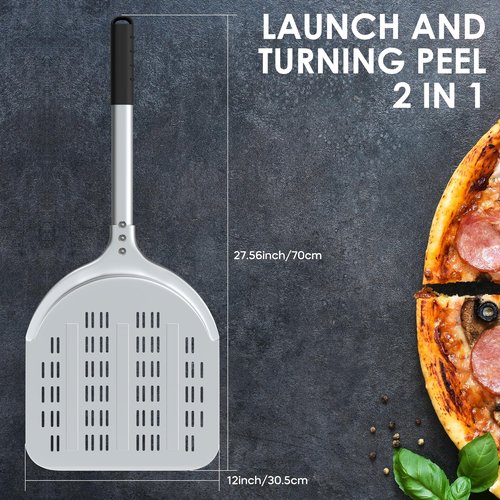 Pizza Peel – 12'' Aluminum Perforated Launch Placement Retrieving Peel – Metal Hanging Hook – Lightweight Turning Peel – Non-stick Pizza Paddle – Outdoor Pizza Oven Accessories