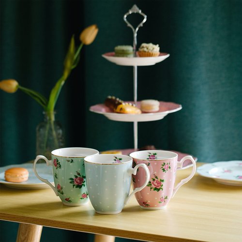 BTaT- Porcelain Floral Plates, Royal Dessert Plates, 8 inch, Set of 8 and Royal Coffee Mugs, 12 oz, Set of 8