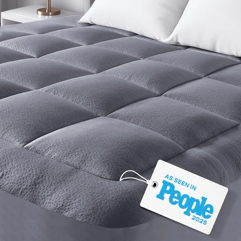 Skiennix Ultra Soft Queen Size Mattress Topper - Bamboo Viscose Pillow Top for Back Pain Relief - Naturally Cooling, Gray