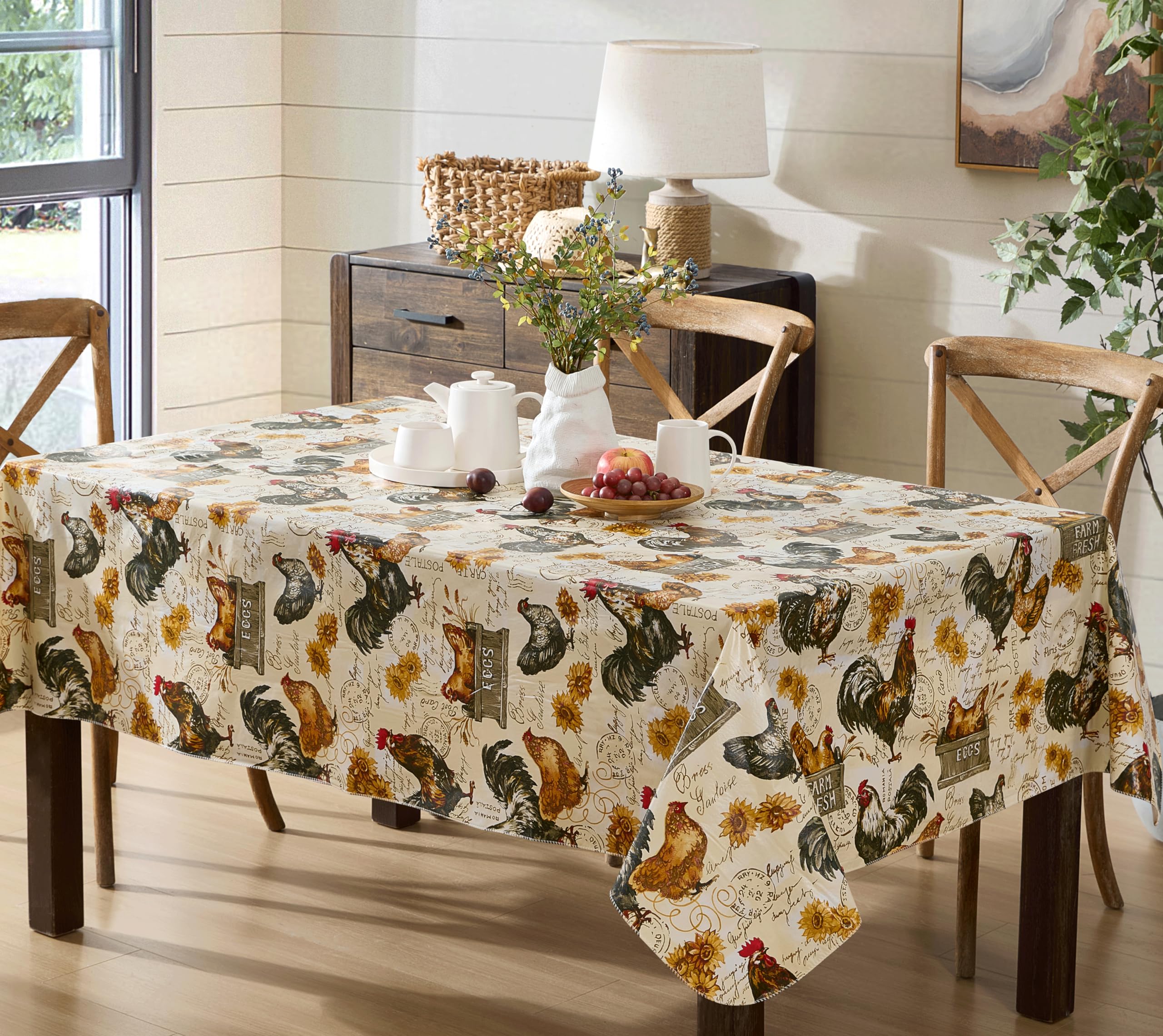Newbridge Farm Fresh Rooster Rectangle Vinyl Flannel Backed Tablecloth, 60 x 102 Inch, Indoor Outdoor Vinyl Table Cloth, Roosters and Hens