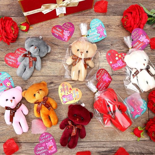 FunsLane 28PCS Valentines Day Gift Cards for Kids with Bear Plush Toys,Mini Stuffed Animal Plush Toys Keychains for Valentines Party Favor Supplies,Classroom Exchange,Game Prizes,Gift for boys girls