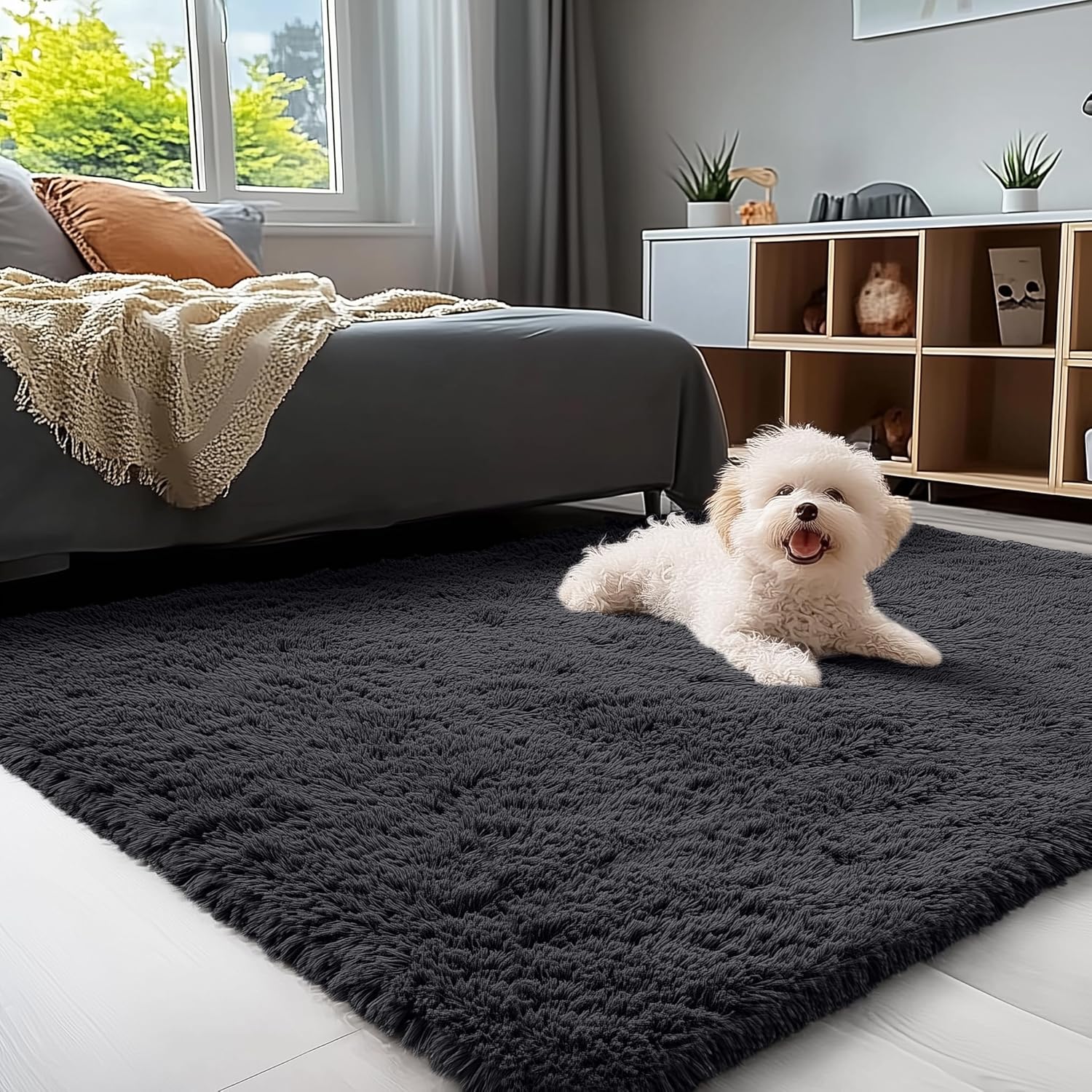 OLANLY Area Rug - Soft Fluffy Shaggy Design for Living Room & Bedroom | Machine Washable, Black 4x8