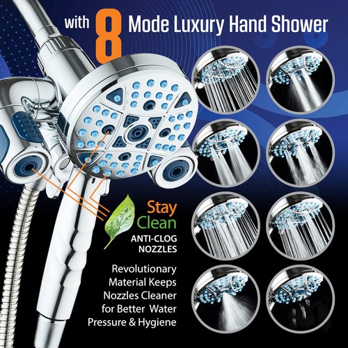 AquaCare Polaris High Pressure Multi Zone 208 Setting Shower Head & Handheld 3-way Combo System - Magnetic Docking Handle, Stay-Clean Jets, 6 ft. Metal Hose, All Chrome Finish, Top American Brand