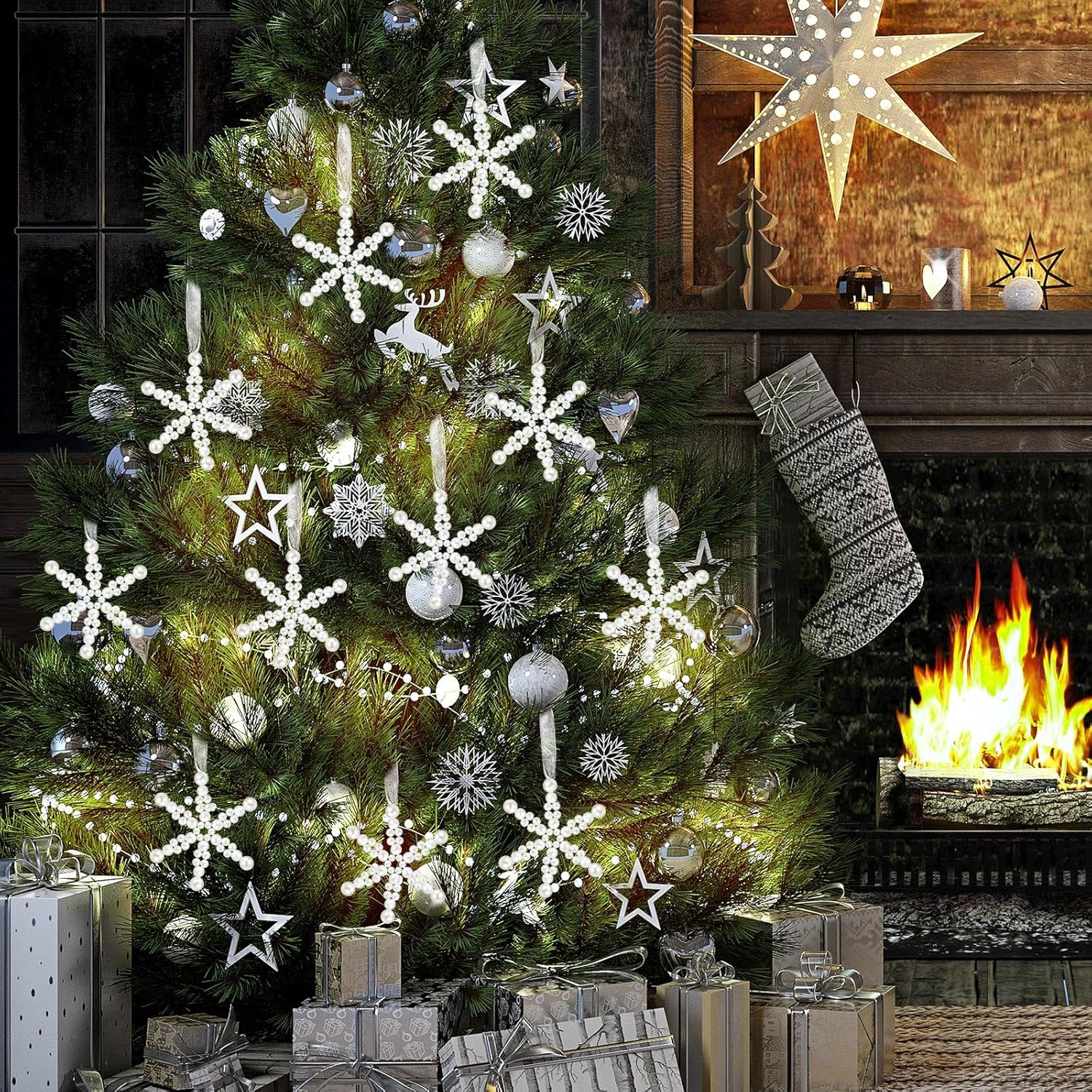 Beeveer 12 Pcs White Snowflake Ornaments - Elegant Hanging Decor for Christmas Trees & Winter Celebrations