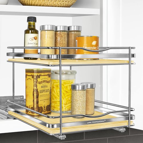LYNK PROFESSIONAL® Élite™ Pull Out Spice Organization for Cabinets - 10-3/8 inch Wide – Spice Rack for Inside Cabinets – Wood/Chrome - Sliding Spice Rack Organizer for cabinet – Spice Rack - 2 Tier