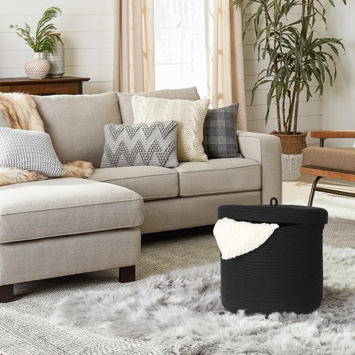 HONCESTA Storage Basket with Lid, 15” x 13” Lidded Blanket Basket Living Room, Black Woven Baskets for Storage, Nursery Kids Cotton Rope Toy Bin Box with Cover, Wicker Laundry Basket Pillow Holder