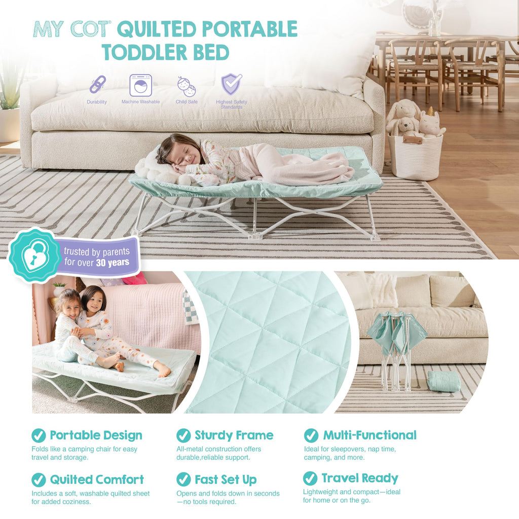 Regalo My Cot® Portable Toddler Bed with Fitted Sheet, Foldable Kids Travel Bed & Camping Cot, Includes Washable Quilted Sheet, 48” x 24.5” x 9”, Seafoam