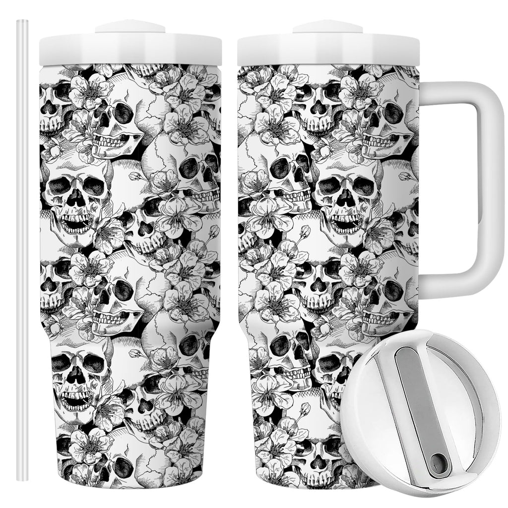 Equoza Flower Skull Halloween 30oz Tumbler with Handle Gift for Her Travel Mug Double Wall Vacuun Insulated Cup with Lid and Straw (Pack of 1)