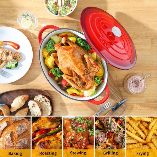 Velaze 7.5 QT Enameled Oval Dutch Oven Pot with Lid, Cast Iron Dutch Oven with Dual Handles for Bread Baking, Cooking, Frying, Non-stick Enamel Coated Cookware (RED)