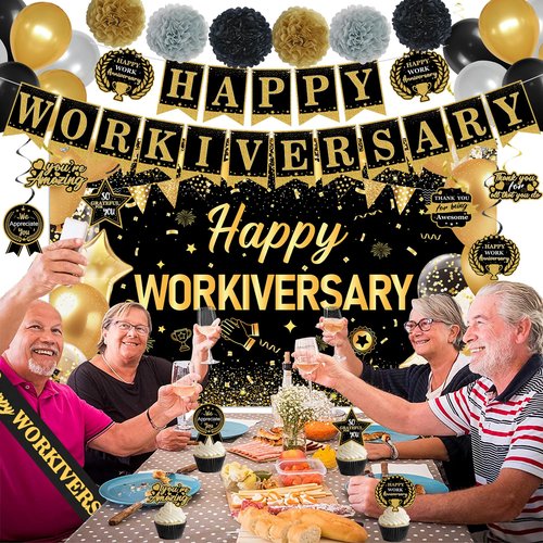DARUNAXY Happy Workiversary Party Decorations for Men Women, Black Gold Happy Work Anniversary Banner Cake Topper Hanging Swirl Confetti Balloons Decor Set for Employee Office Party Supplies(31PC)