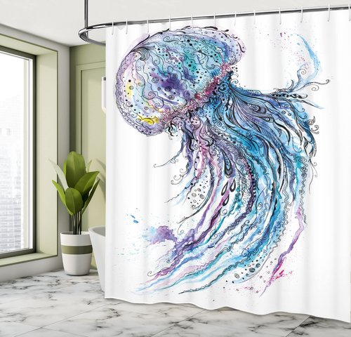 Ambesonne Jellyfish Shower Curtain, Aqua Colors Art Ocean Animal Print Sketch Style Creative Sea Marine Theme, Cloth Fabric Bathroom Decor Set with Hooks, 69" W x 84" L, Blue White