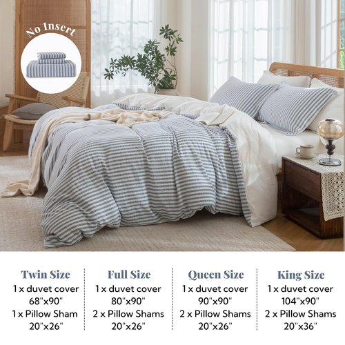 MILDLY Blue Striped Duvet Cover - 100% Washed Cotton Jacquard Boho Textured Comforter Cover 3pcs with Zipper Closure 90"x90"