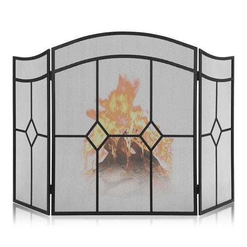 FEED GARDEN 3 Panel Fireplace Screen Wrought Iron 48" W x 30" H Foldable Heavy Duty Fire Spark Guard Cover with Metal Decorative Mesh for Living Room, Home Decor Indoor, Black