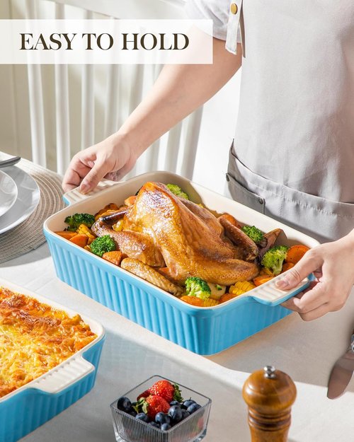 MALACASA 4.4 QT Baking Dish - Durable Ceramic Casserole Pan with Handles | 9x13 Blue Lasagna Dish