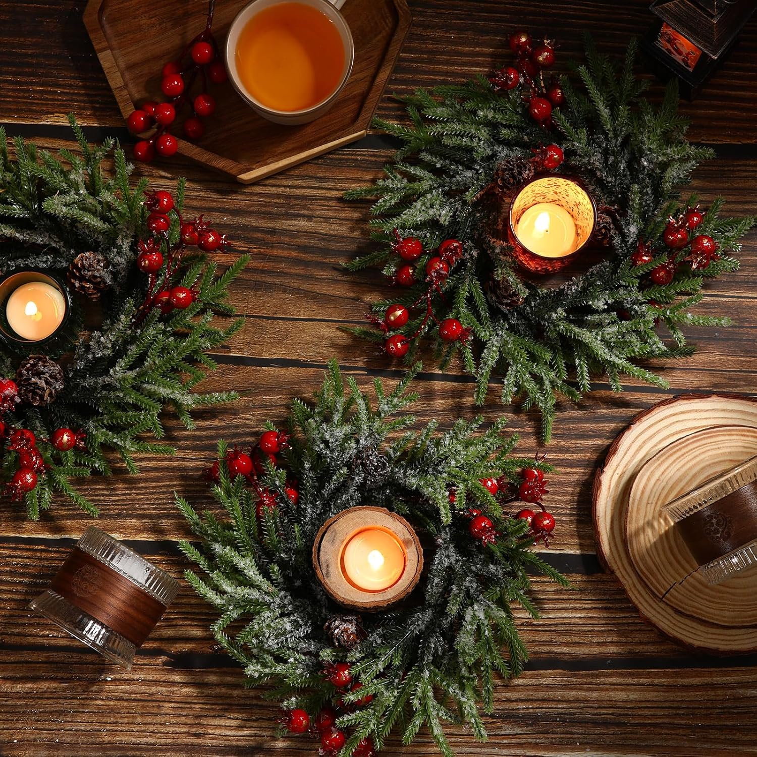 Regine Switzerland 8 Pcs Christmas Candle Rings - 10 Inch Artificial Berries & Pine Cone Wreaths for Rustic Holiday Centerpieces