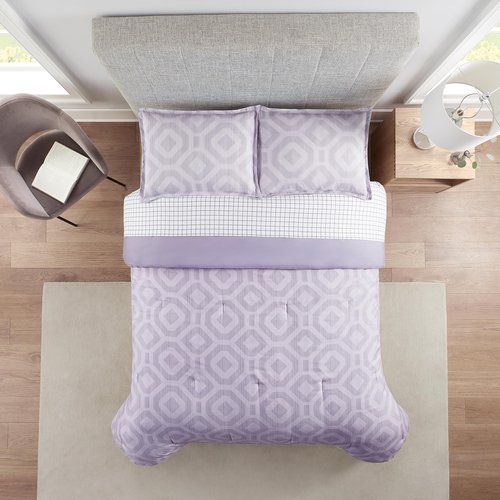 Serta Simply Clean Skyler Soft 5 Piece Geometric Bed in A Bag Complete Bedding Comforter Set with Sheets and Pillow Case for All Season, Twin/Twin XL, Lavender