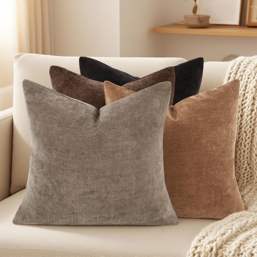 Lunofox Farmhouse Decor Throw Pillow Covers 18x18 Inch Set of 4, Solid Textured Cushion Covers for Couch, Sofa, Bed – Fall Pillow Covers in Taupe Grey, Light Brown, Brown, Black