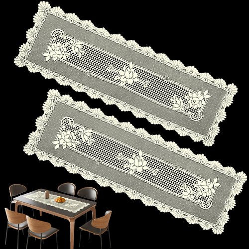 2 Pack 15.7x49.2 Inch Lace Rectangular Table Runner,Beige Dresser Scarf Doilies,Coffee Table Runner for Bedroom Furniture,Home Decor(Window)
