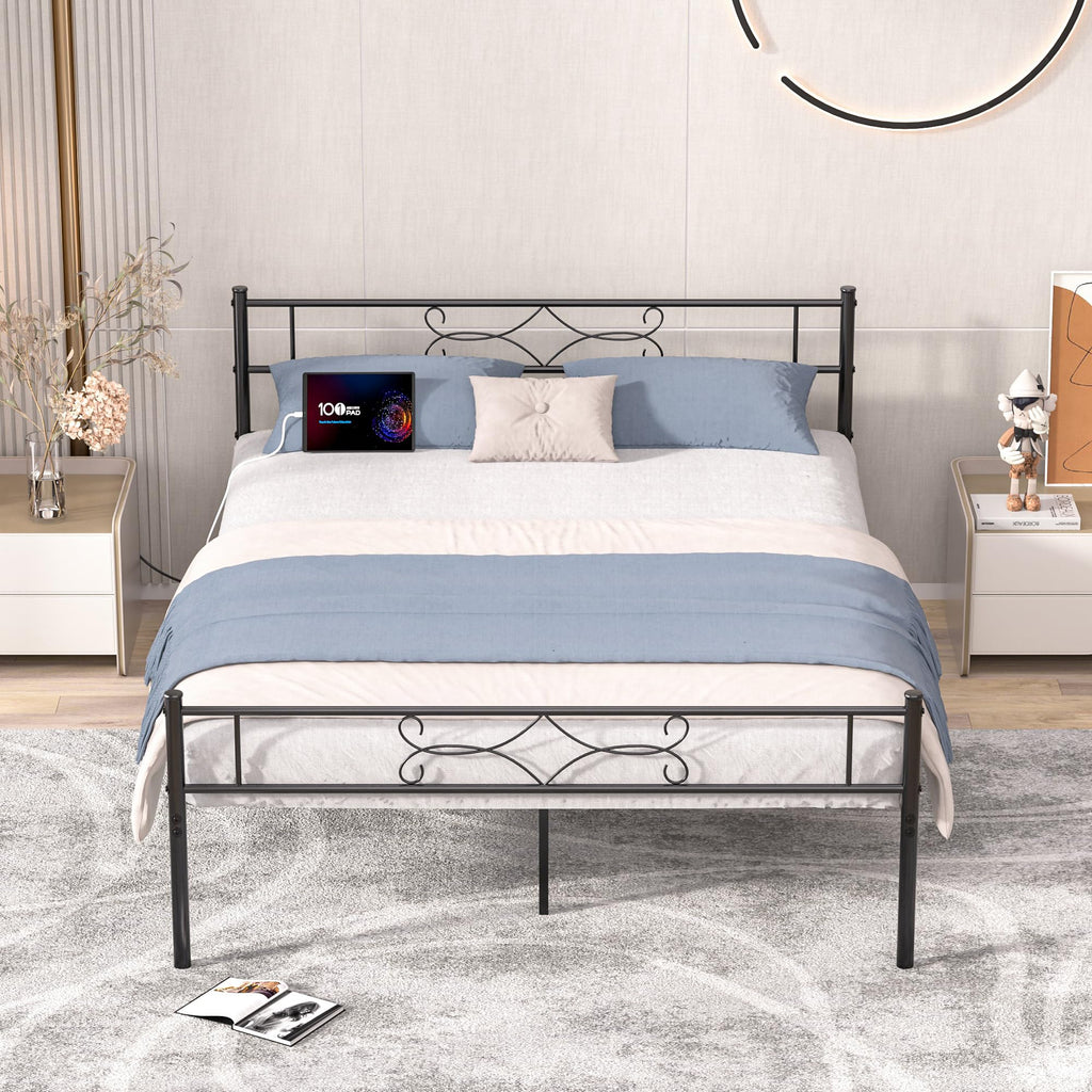 VECELO 14" Queen Size Metal Platform Bed Frame with Headboard and Charging Station,Premium Steel Slat Support No Box Spring Needed,Noise-Free Anti-Slip,Easy Assembly