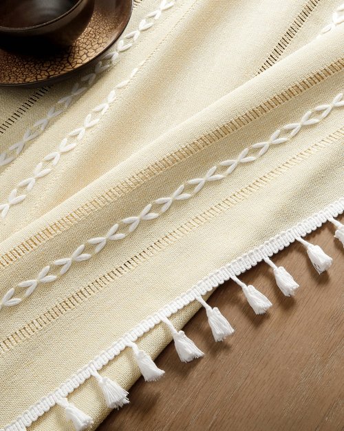 ZeeMart Hemstitched Embroidery Striped Boho Tablecloth 60x104 Inch Beige, Heavy Weight Farmhouse Burlap Linen Beige Tablecloth, Wrinkle Resistant Washable Table Cloth for Rectangle Table