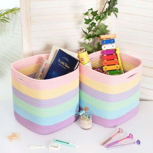 MINTWOOD Design 3-Pack 11x11in Woven Cube Storage Bin and Shelf Baskets, Cute Decorative Square Organizer for Closet, Classroom, Bathroom, Dog and Cat Toys, and Books, Pastel Rainbow