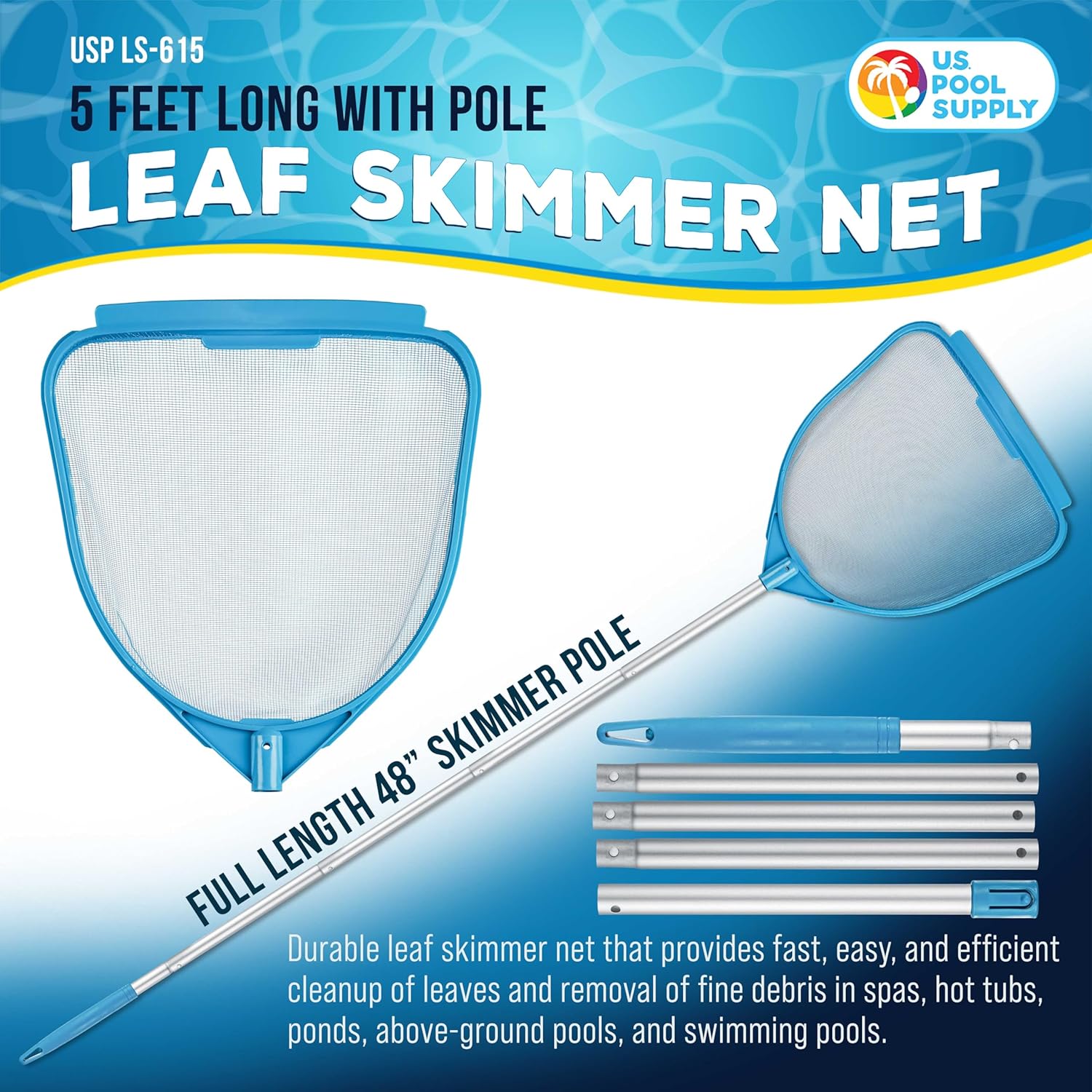 U.S. Pool Supply Pool Skimmer Net - Handheld Fine Mesh for Spa & Hot Tub Cleaning | Adjustable 32" to 5' Length