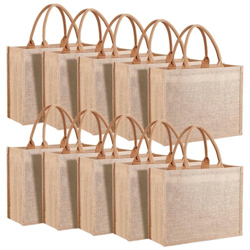 butarfe 10 Pack Reusable Jute Tote Bags with Handles, 15.1X11.8X5.5 Inch Large Natural Blank Burlap Tote for Grocery Shopping, Weddings, Travel, Bachelorette Parties & DIY Embroidery Crafts