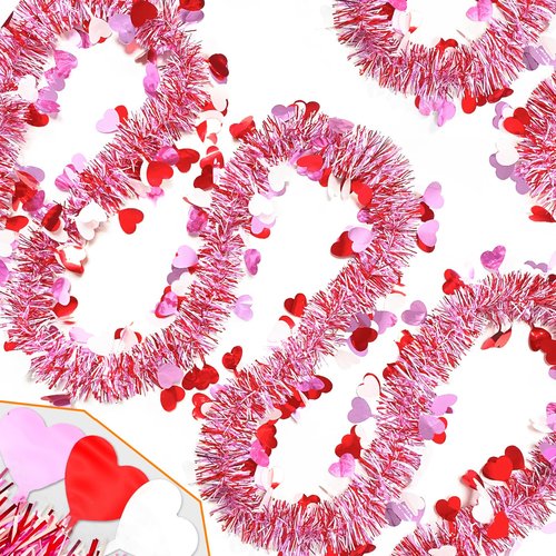 50FT Valentines Day Garland - Red Pink White Heart Valentines Tinsel Garland, Metallic Valentine Day Garland Decor for Mantel, Tree, Valentine's Day Decorations for Home (Pink)