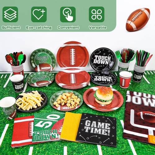 HOWAF 169pcs Football Party Supplies Kit, Football Plates Disposable Dinnerware Touchdown Napkins Plates Tablecloth Cups Knives Forks Spoons for Football Birthday Football Decorations Party Serve 24