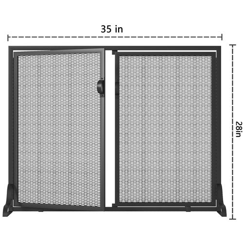 Kingson Fireplace Screen with Magnetic Doors, 2-Pannel Handcrafted Solid Wrought Iron Decorative Mesh Classic Fire Spark Guard Black 35" D x 11" Wx 28" H