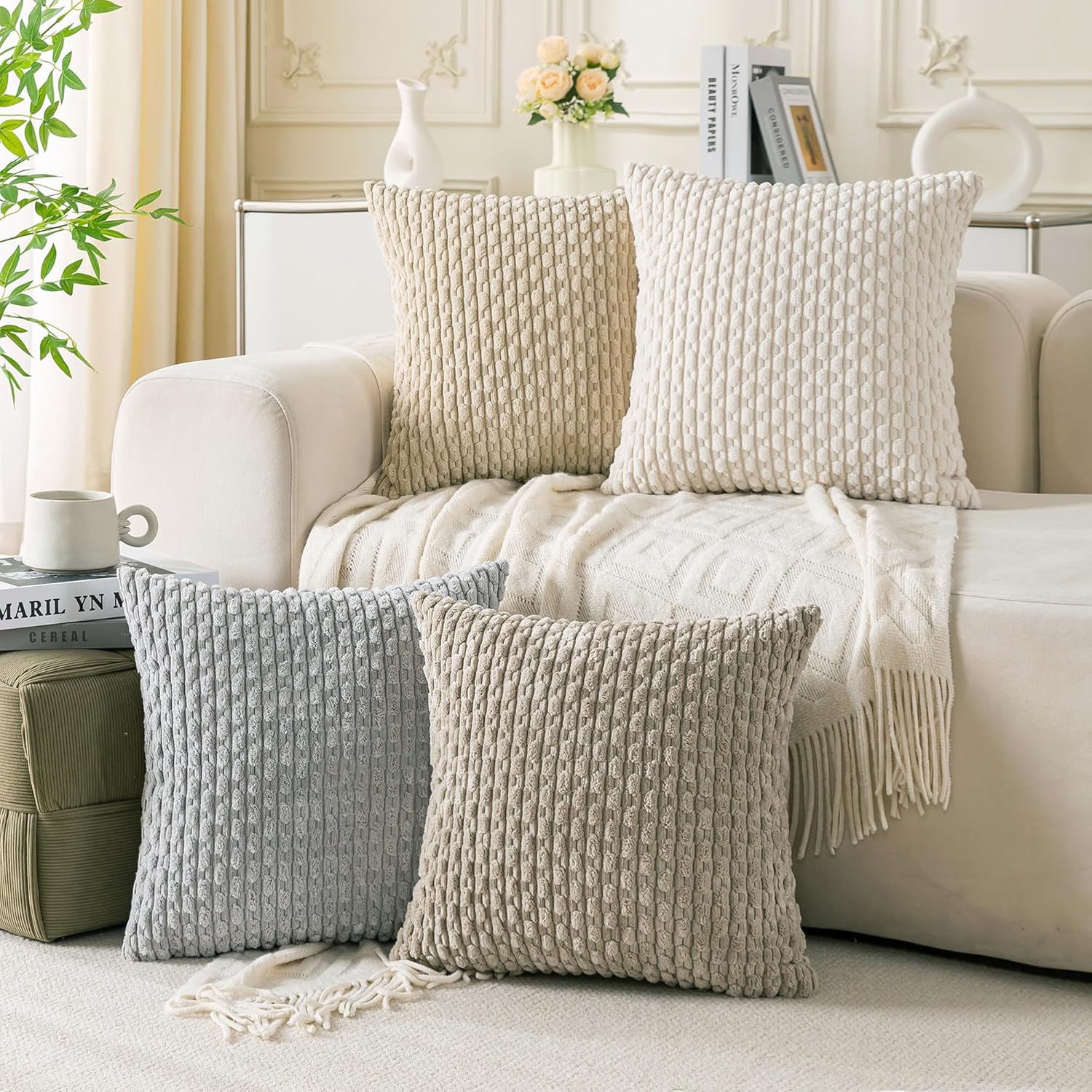 Skiennix Set of 4 Neutral Decorative Throw Pillow Covers - Soft Corduroy 18x18 Inch Cushion Cases for Sofa & Bed