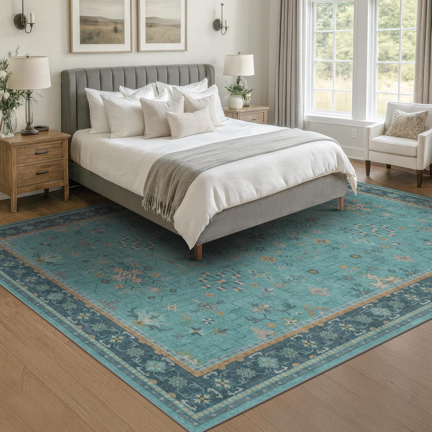 Skiennix Boho Teal 7x9 Soft Rug - Washable Turquoise Vintage Carpet for Living Room & Bedroom