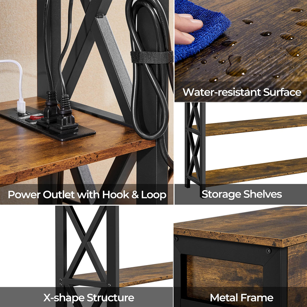 Yaheetech Console Table with 2 Outlets and 2 USB Ports, Industrial Entryway Table with Drawer and Storage Shelves, Narrow Sofa Tables with Metal Frame for Living Room, Hallway, Rustic Brown