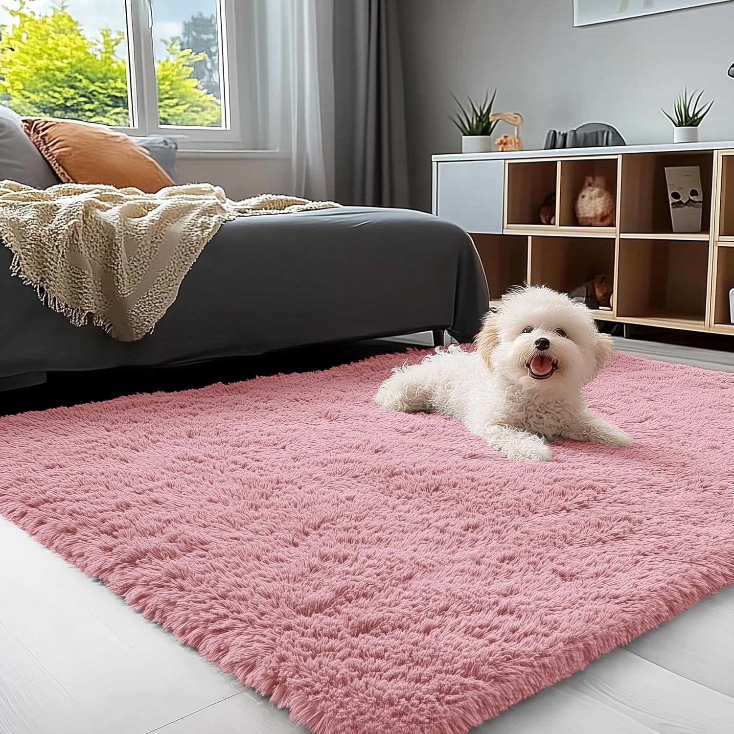 OLANLY Soft Fluffy Shaggy Bedside Rug - Machine Washable 3x5 for Kids & Nursery | Pale Pink Home Decor