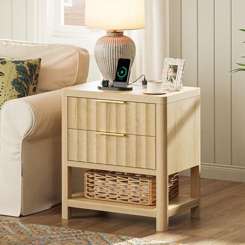 Huuger 27.6 Inch Tall Night Stand with Charger Station, USB-C Port, Fluted Nightstand with 2 Deep Drawers, Larger Wider Bed Side Table with Open Shelf, Bedroom Living Room End Table, Natural