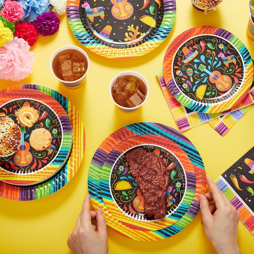 JOYIN 82PCS Fiesta Tableware Set, Mexican Party Supplies Packs for Cinco De Mayo Table Decorations, Fiest Themed Dessert Plates Fiesta Party Napkins Forks, Carnivals Event, Dia De Muertos Festivals