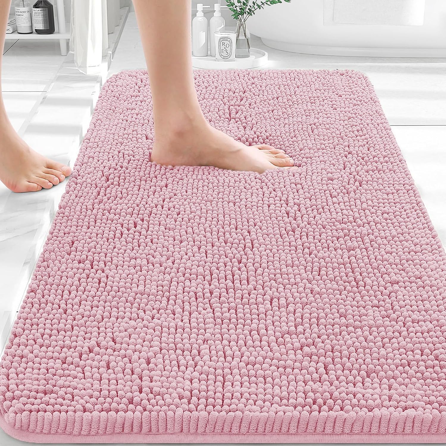 OLANLY Bathroom Rugs - Extra Soft Chenille Bath Mats with Rubber Backing | Quick Dry, Machine Washable, 36x24, Dusty Rose