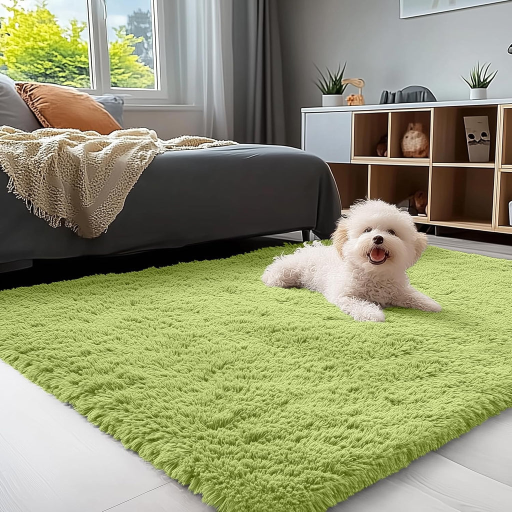 OLANLY 3x5 Soft Fluffy Shaggy Bedside Rug - Machine Washable Indoor Carpet for Kids & Nursery | Grass Green
