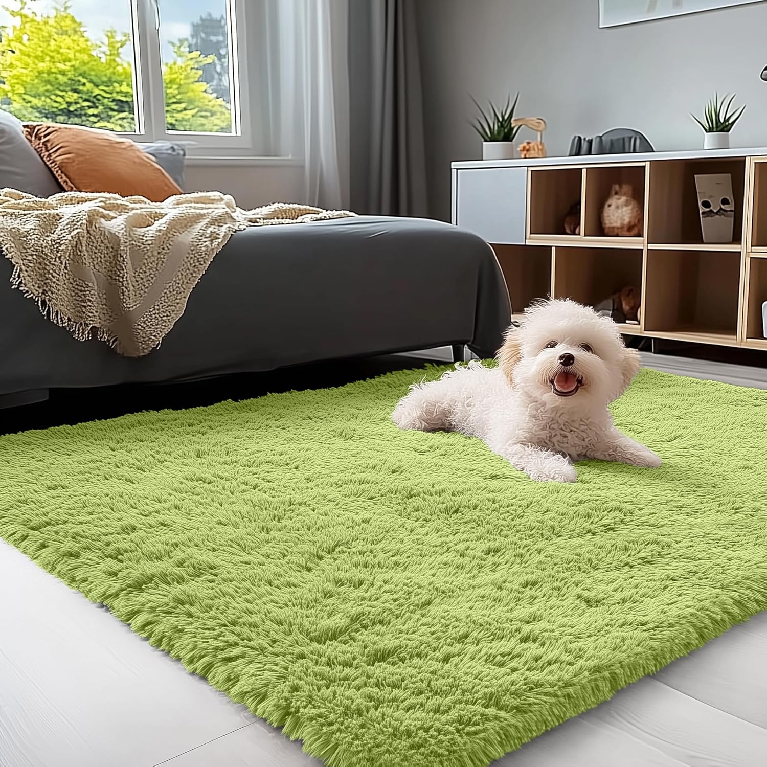 OLANLY 3x5 Soft Fluffy Shaggy Bedside Rug - Machine Washable Indoor Carpet for Kids & Nursery | Grass Green