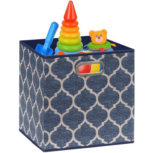 SIMPLE HOUSEWARE 11-Inch Collapsible Fabric Cube Storage Bin with Handles, Printed Design, 6 Pack, Steel Blue
